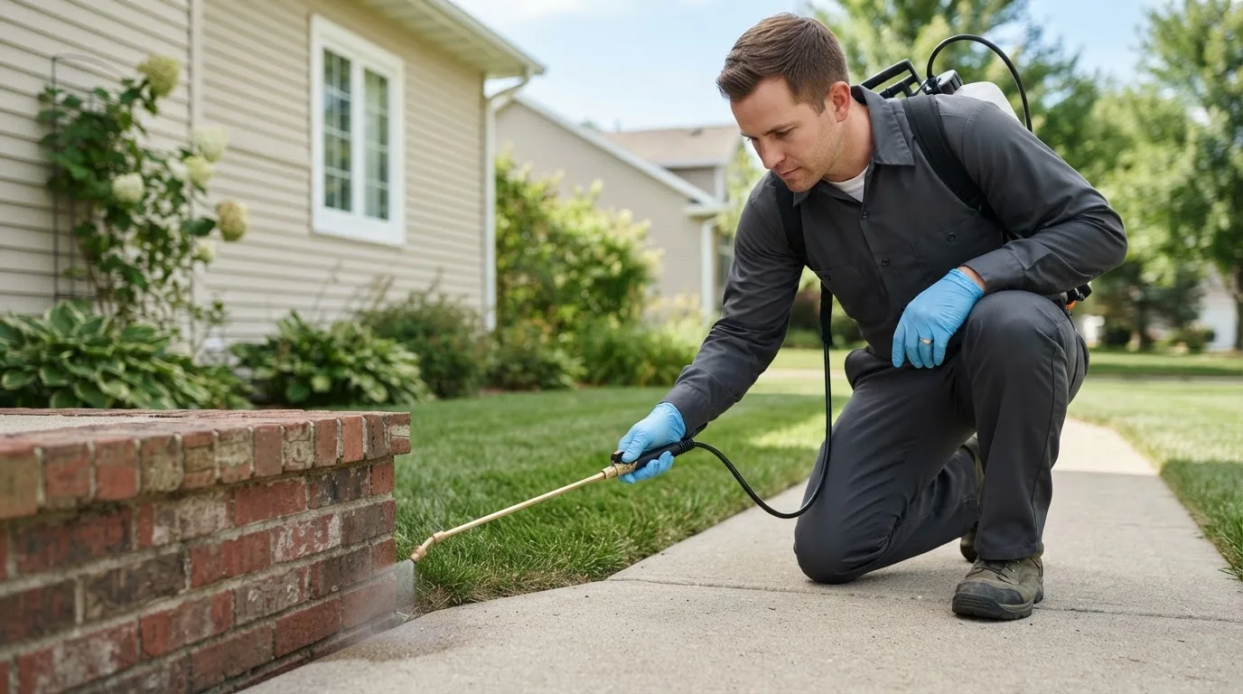 Pest control technician treating a home near Ringsted, IA