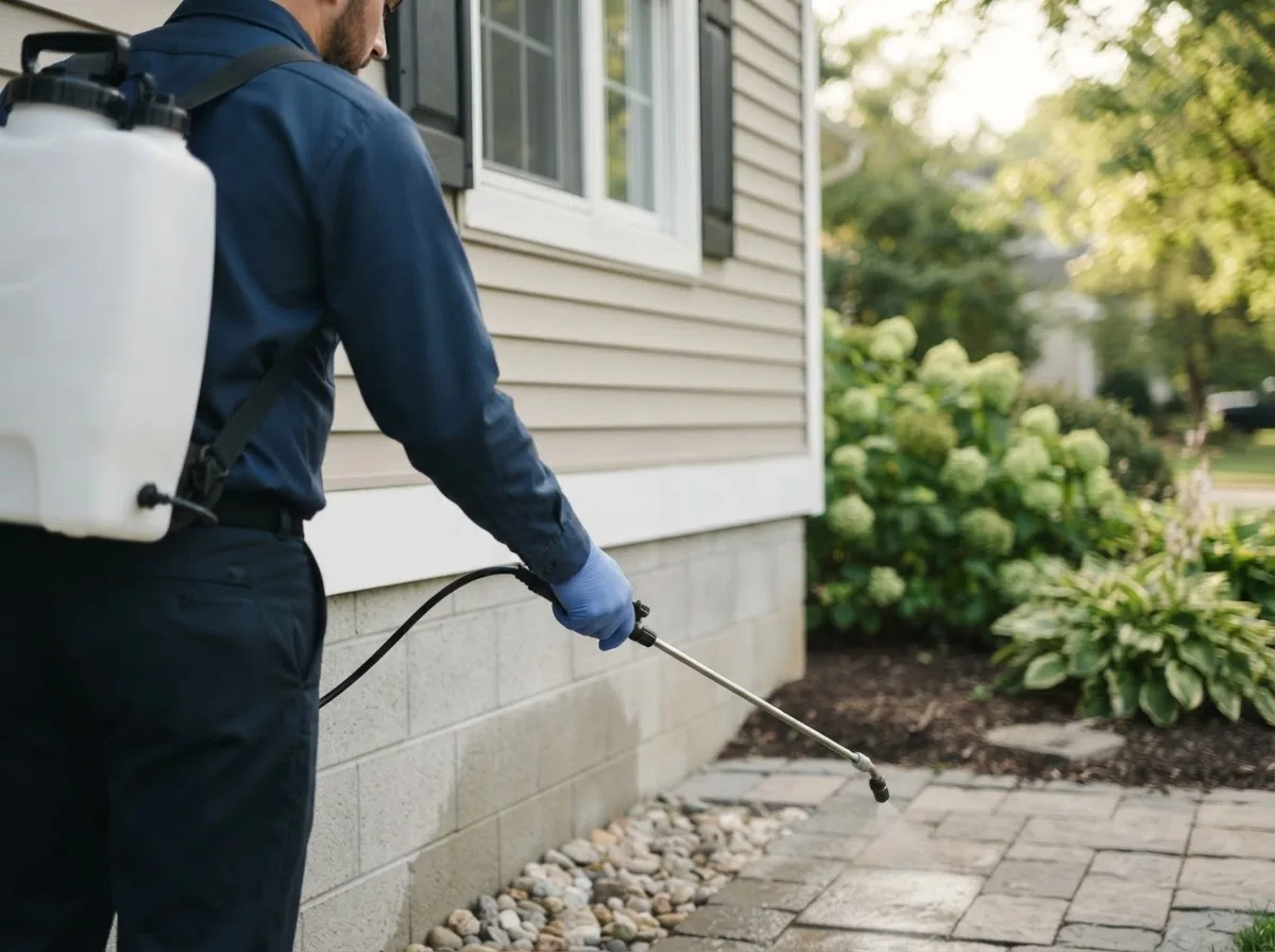 Pest control technician inspecting a home in Ringsted, IA